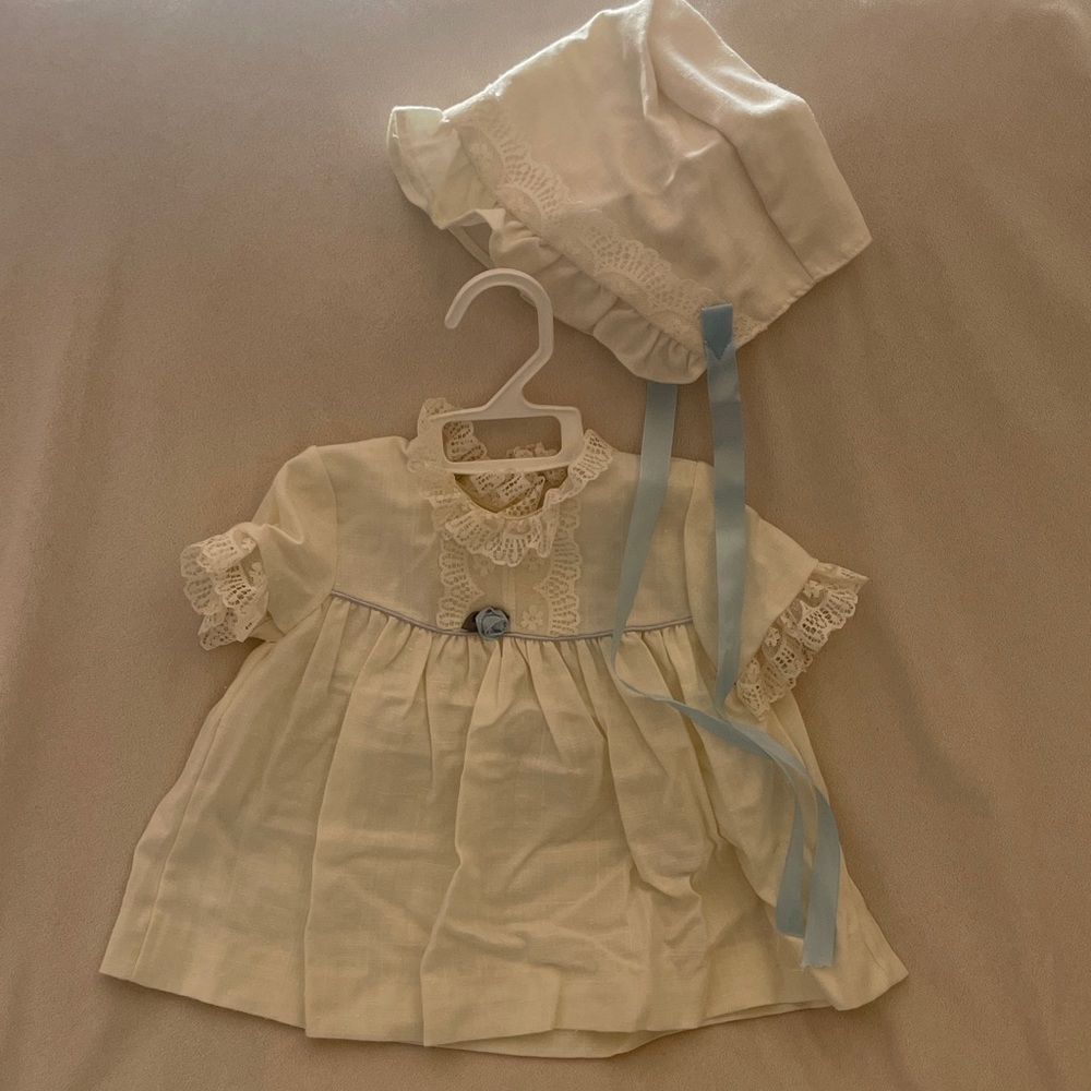 Cream Baby Dress with Bonnet and Blue Ribbon